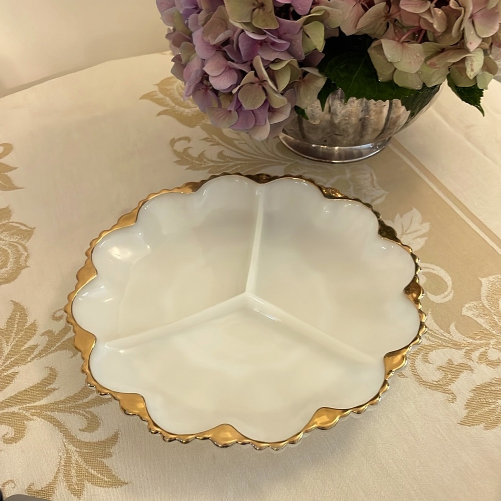 vintage anchor hocking fire king milk glass round dish with gilded gold rim
